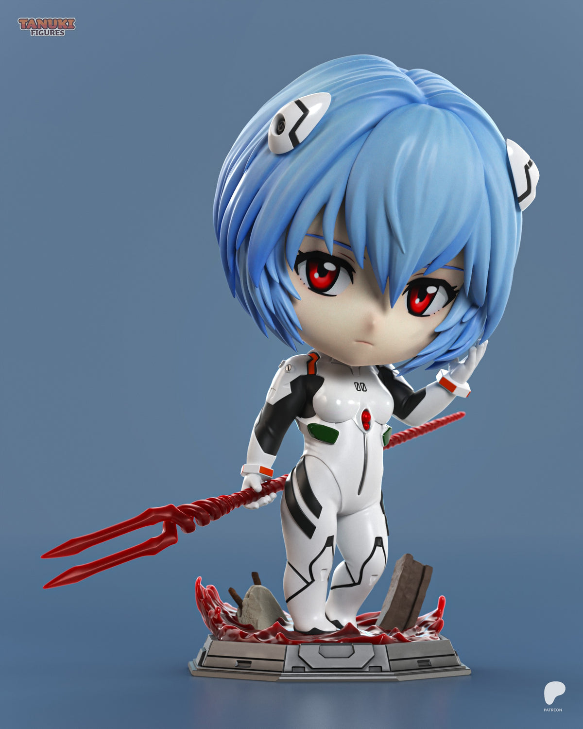 Rei Ayanami from Evangelion is a painted resin Chibi figure in three-quarter view with spear and base.
