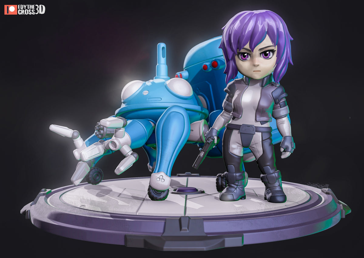 Three-quarter view shows a painted resin Chibi figure of Motoko Kusanagi from Ghost in the Shell standing beside a blue obot.