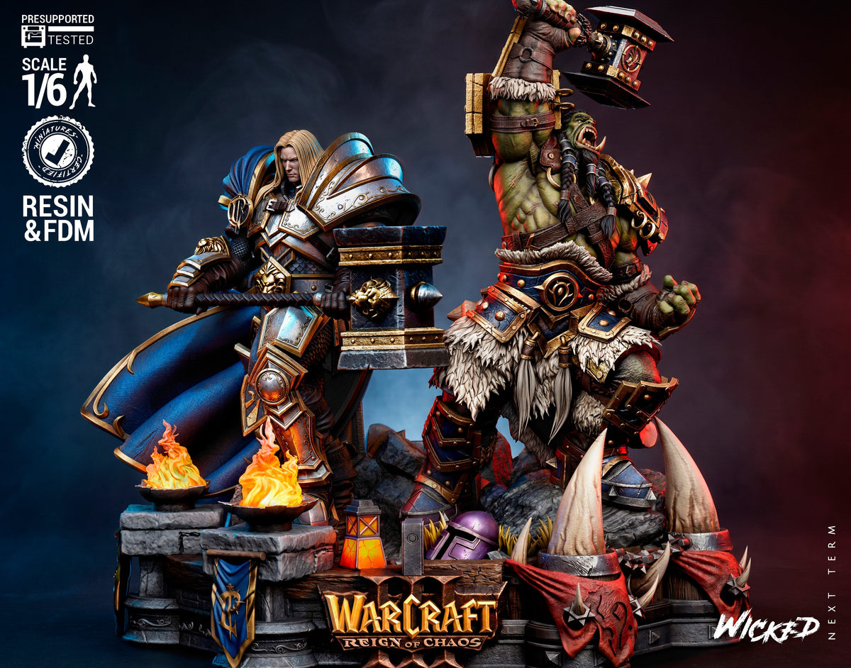 Thrall and Arthas painted resin diorama from World of Warcraft, front three-quarter view on detailed base with flames and terrain elements.