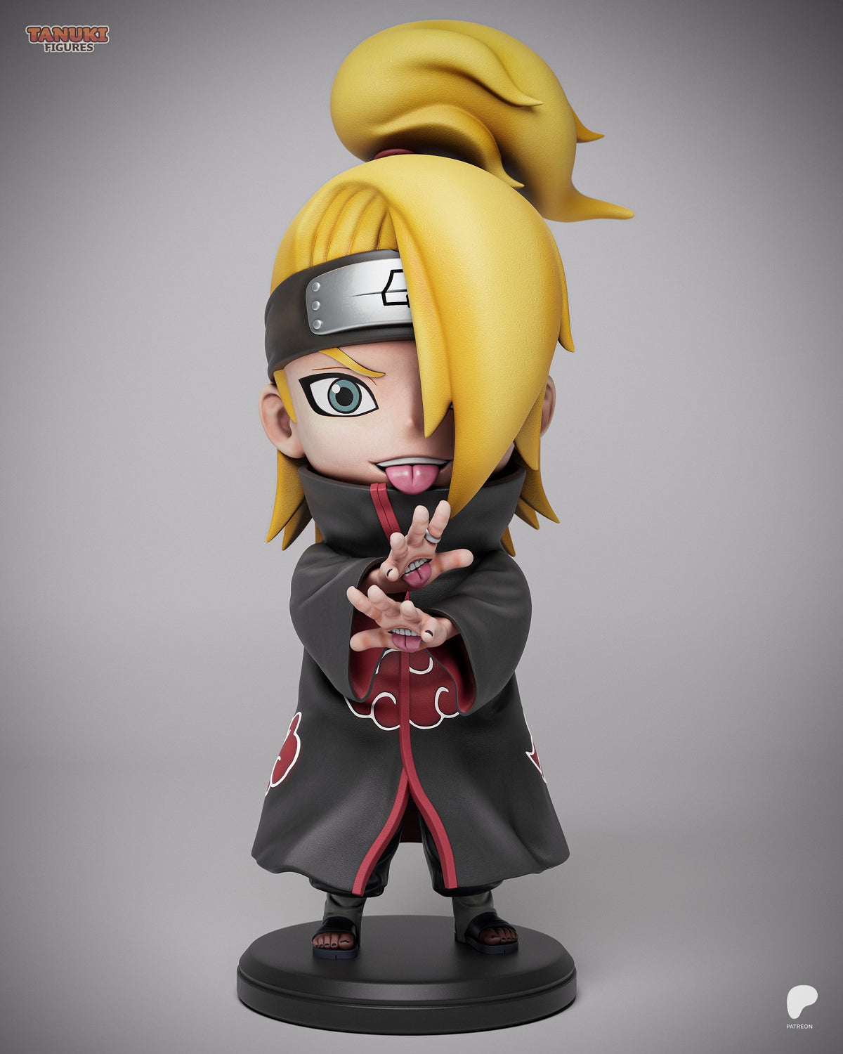 Deidara resin Chibi figure by Tanuki Figures, front 3/4 view, blonde spiky hair, headband, black Akatsuki cloak, tongue out playful pose, black base.