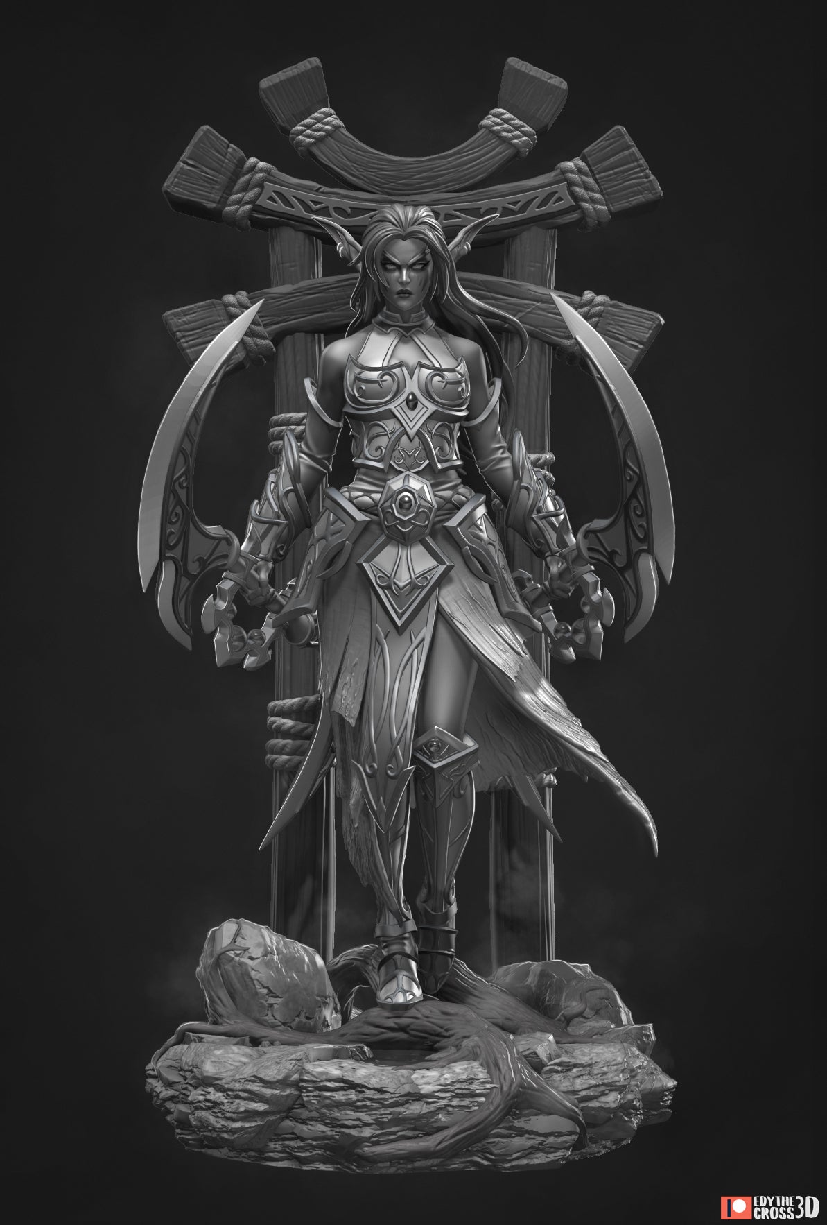 Fully painted sample of Tyrande from World of War Realms by Nomnom, showing intended final look for display reference.