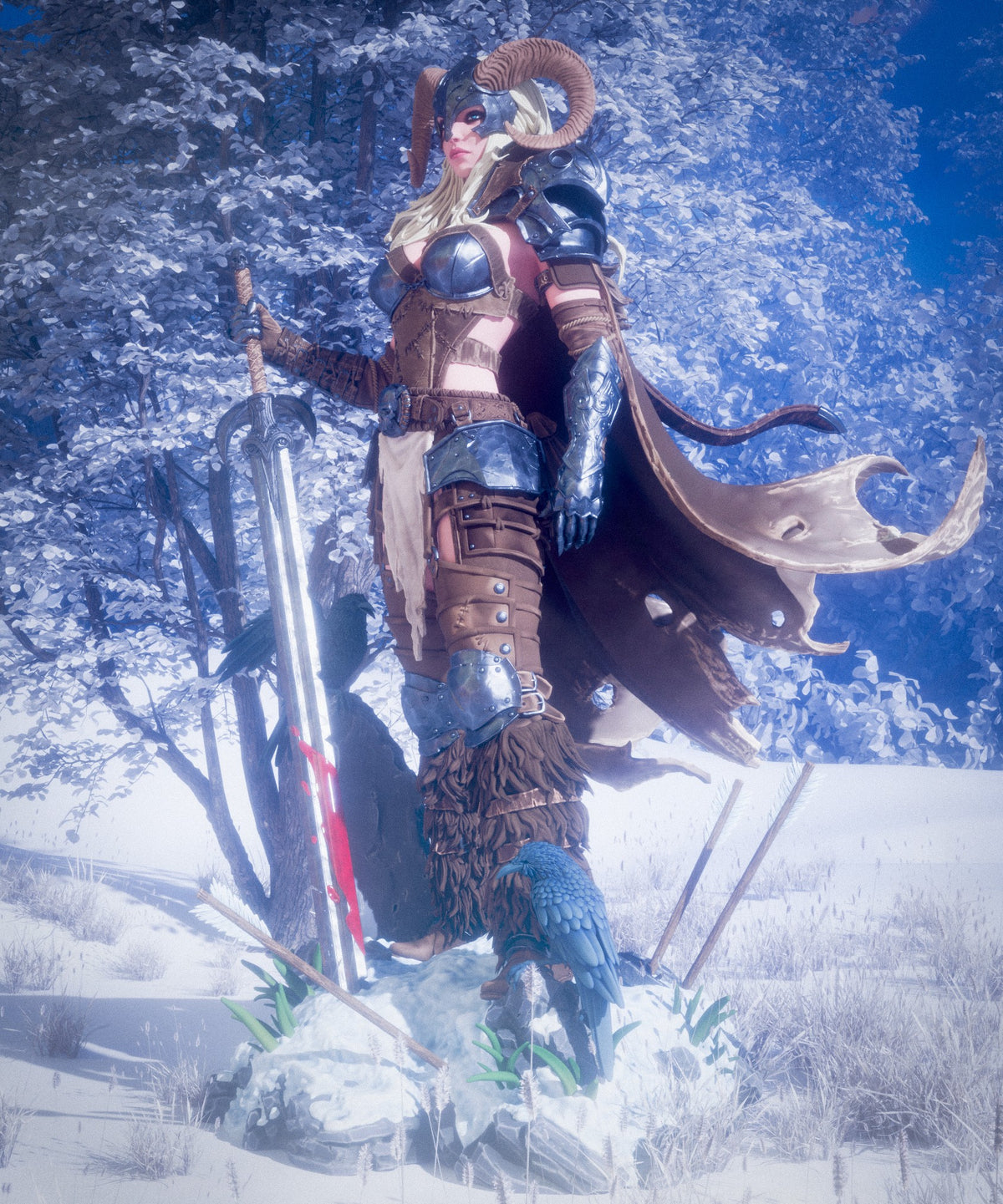 Warrior of the North resin figure posed standing with sword and axe in snowy forest setting, detailed armor and horned headdress, painted finish.