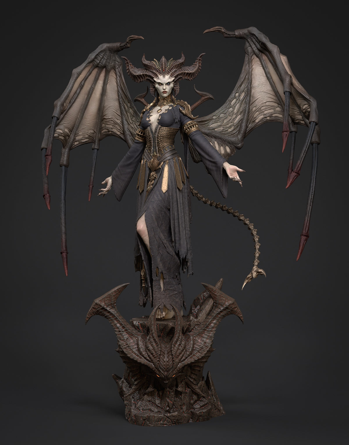 Painted Lilith from Diablo faces forward with wings and tail on a sculpted base, resin figure.