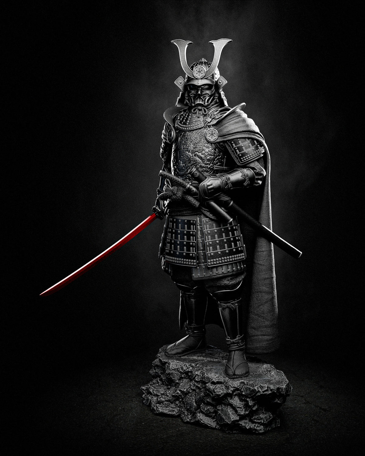 Void Ronin resin figure stands in profile on rocky base, ornate samurai armor with glowing red lightsaber, detailed helm and flowing cape, Galactic Shadow Saga.