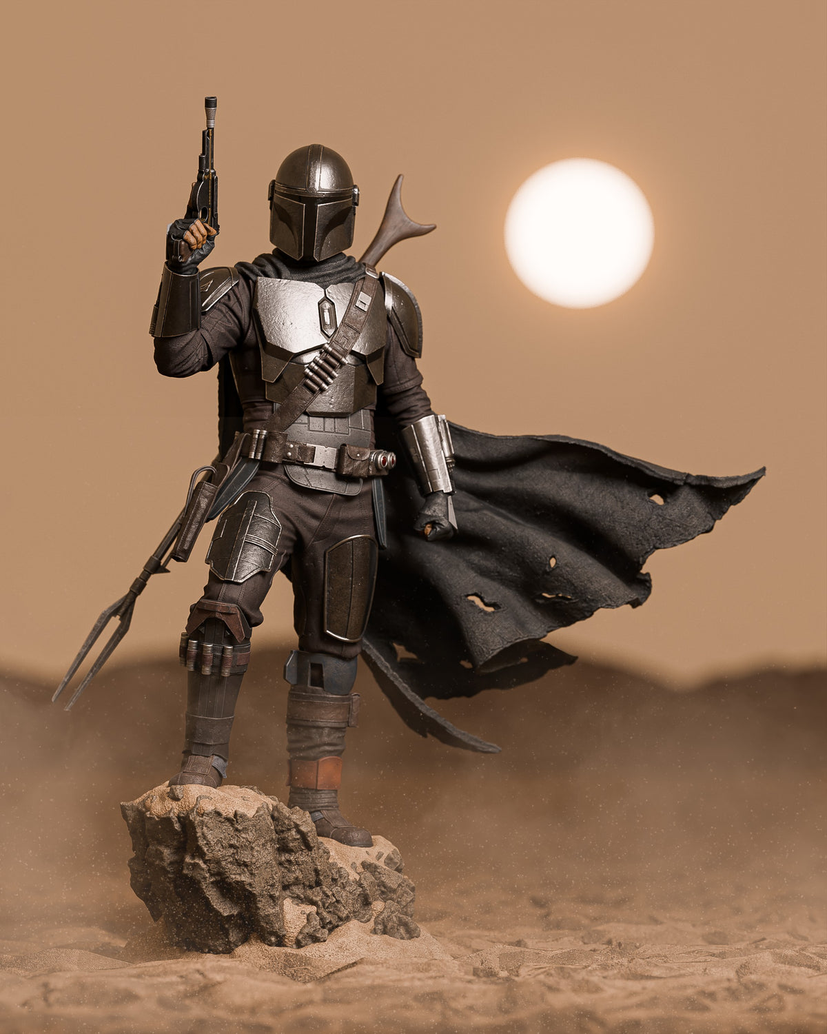 The Mandalorian from Outer Rim Hunter stands painted on a sculpted rocky base, holding a blaster.