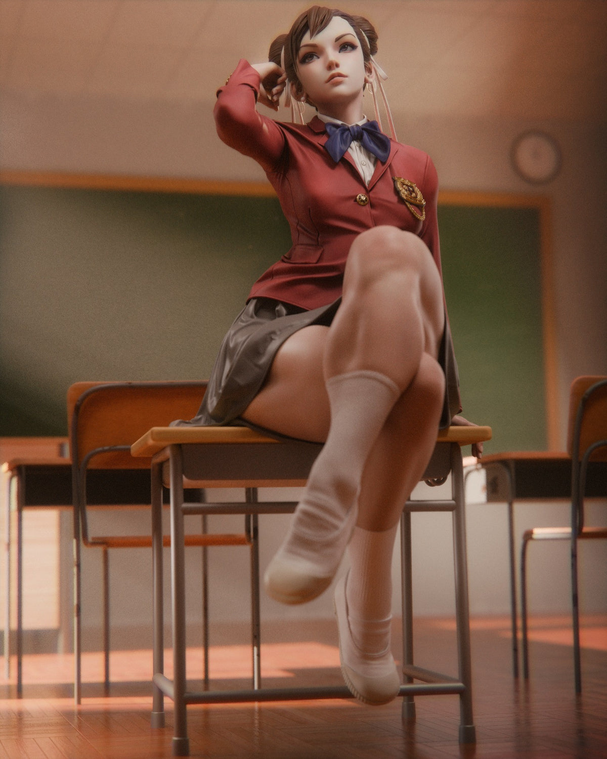 Chun-Li from Street Fighter 3D resin figure posed seated on wooden chair, red blazer and white socks detailed, brown hair in buns, classroom setting background.