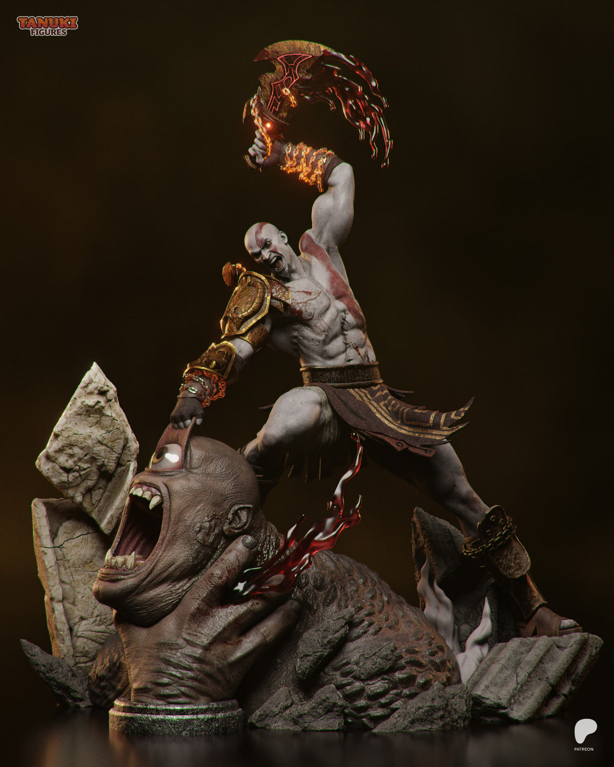 Kratos resin figure posed triumphantly on a demon head base, wielding flaming weapon aloft, detailed painted armor and skin with rocky stone base elements.