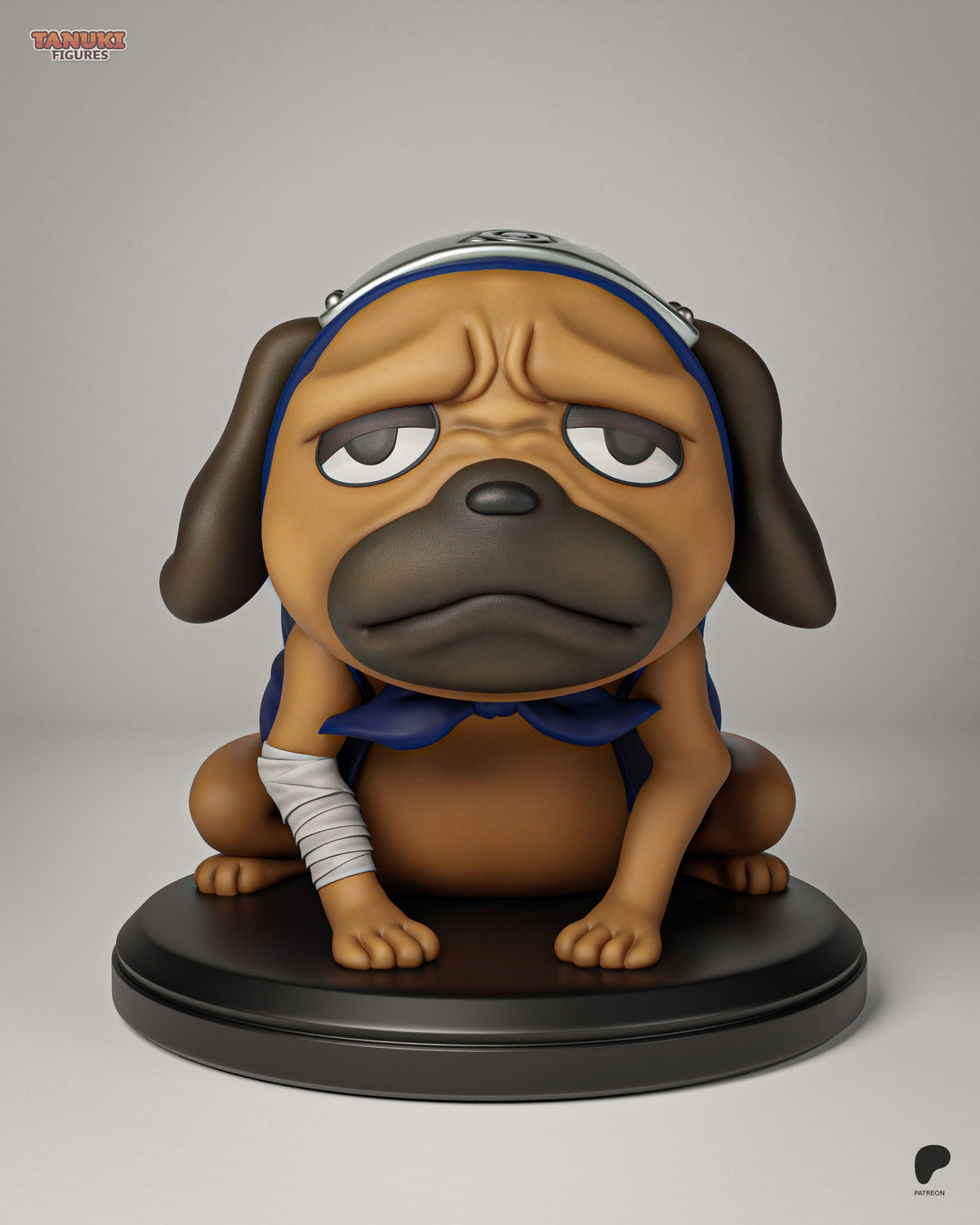 Tan and brown resin Chibi figure of Shadow Fang from Naruto with sad expression, blue headband, bandaged arm, seated on black circular base, front-facing view.