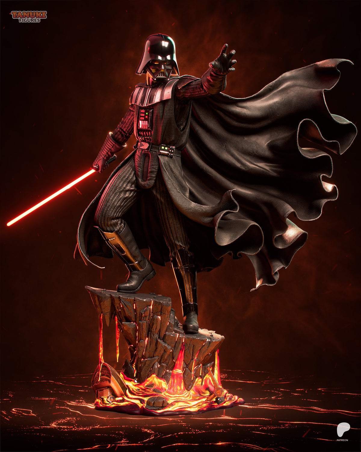 Dark Lord resin figure in heroic pose wielding glowing lightsaber, dramatic cape flowing, standing on fiery rocky base, detailed painted armor and helmet.