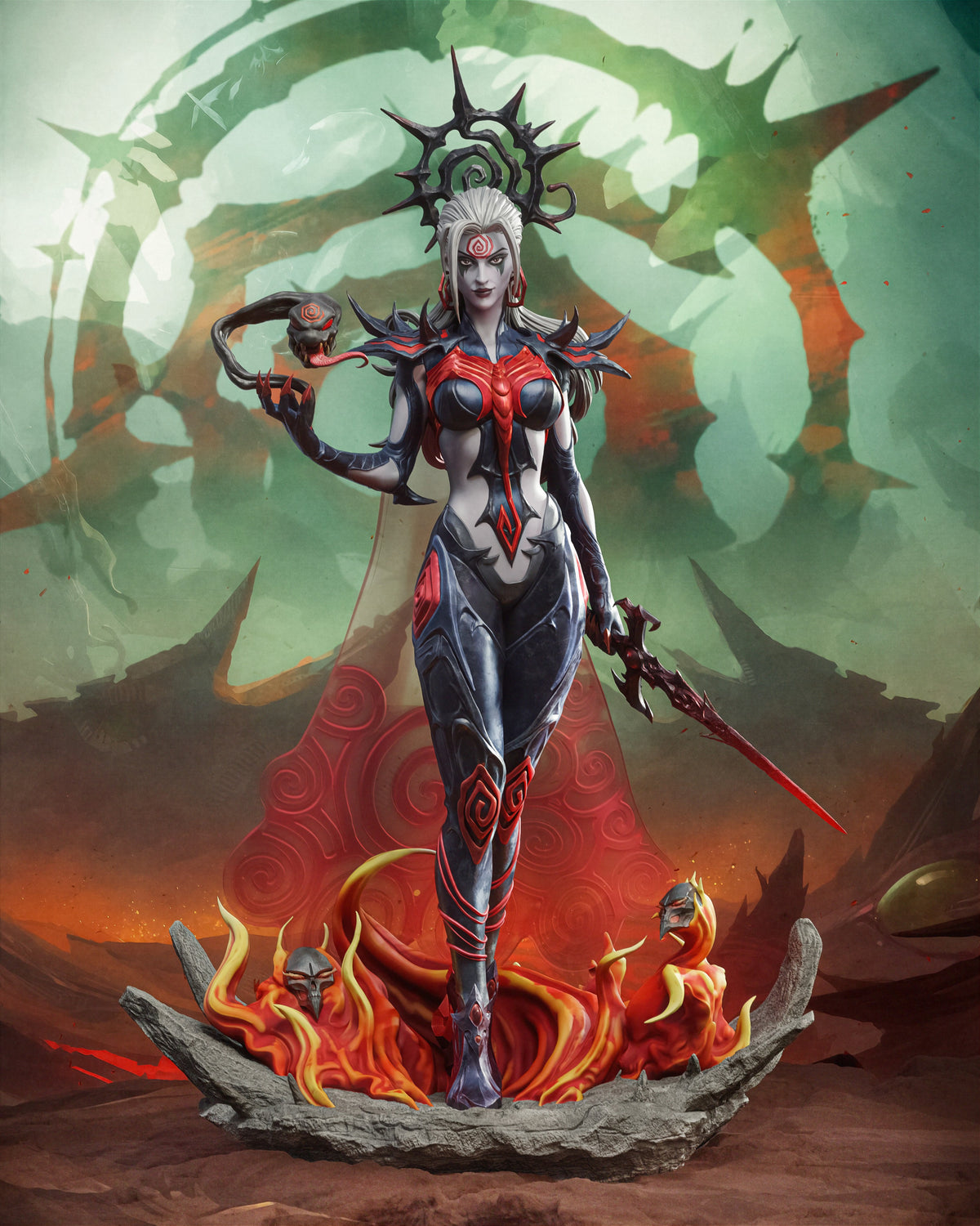 Frost Queen resin figure from Super Rivals stands heroically on a flame-adorned base, fully painted with intricate details, holding weapons and displaying an elaborate spiked headdress against a mystical backdrop.