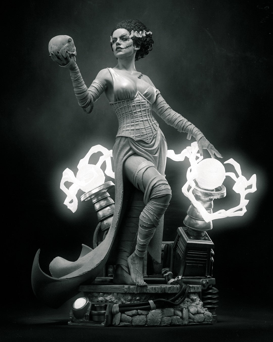 Frankenstein's Bride resin figure in dynamic pose holding skull, wrapped in bandages, glowing orbs flanking base, detailed painted finish.