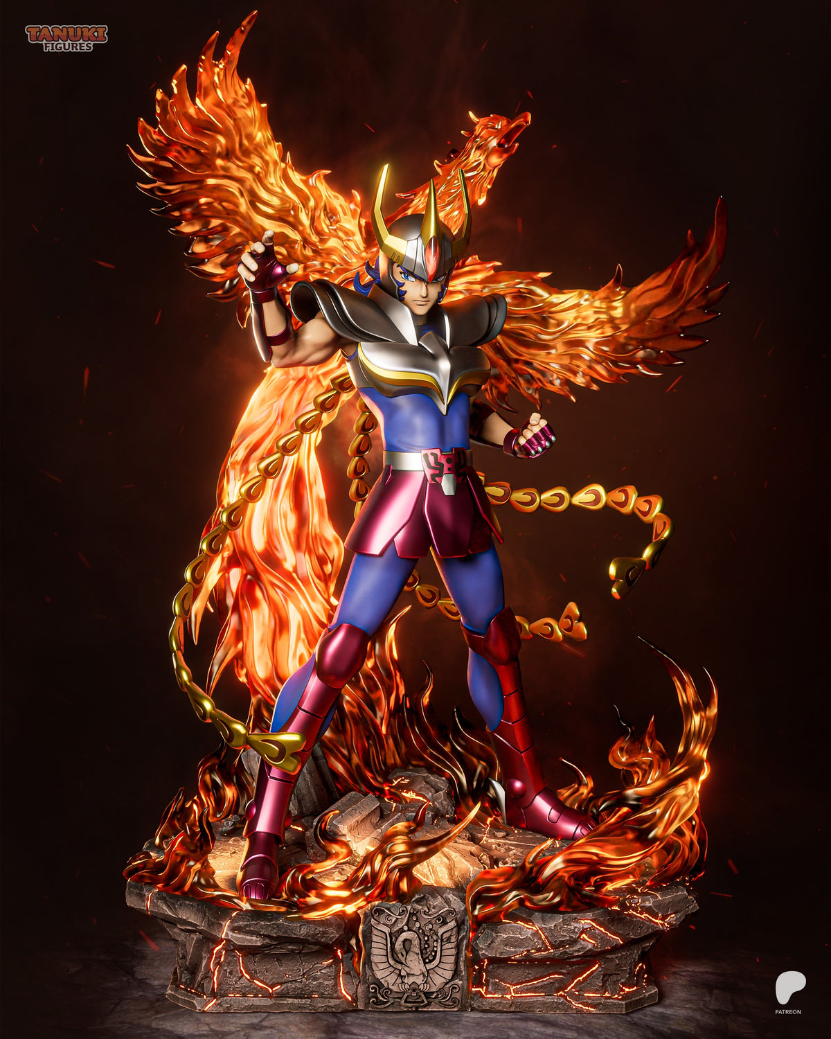 Phoenix Ikki resin figure striking dynamic pose with flaming wings and golden chains, detailed paint work, mounted on rocky fire-effect base.