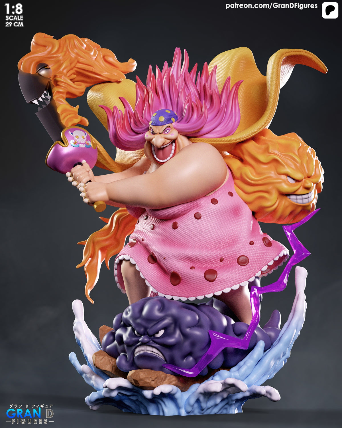 Front view of Big Mom from One Piece, a painted resin figure holding a bag on a sculpted base.