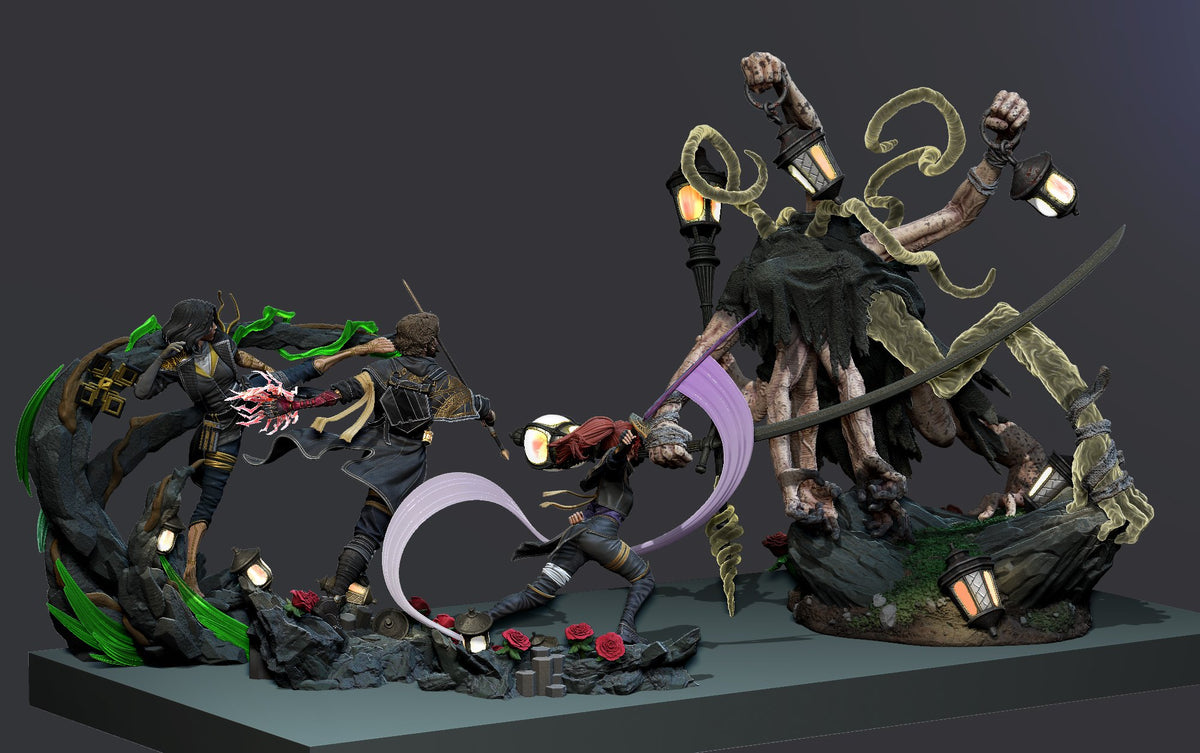 Painted resin diorama shows Gustave, Maelle & Lune vs Lampmaster from Odyssey 33 in combat.