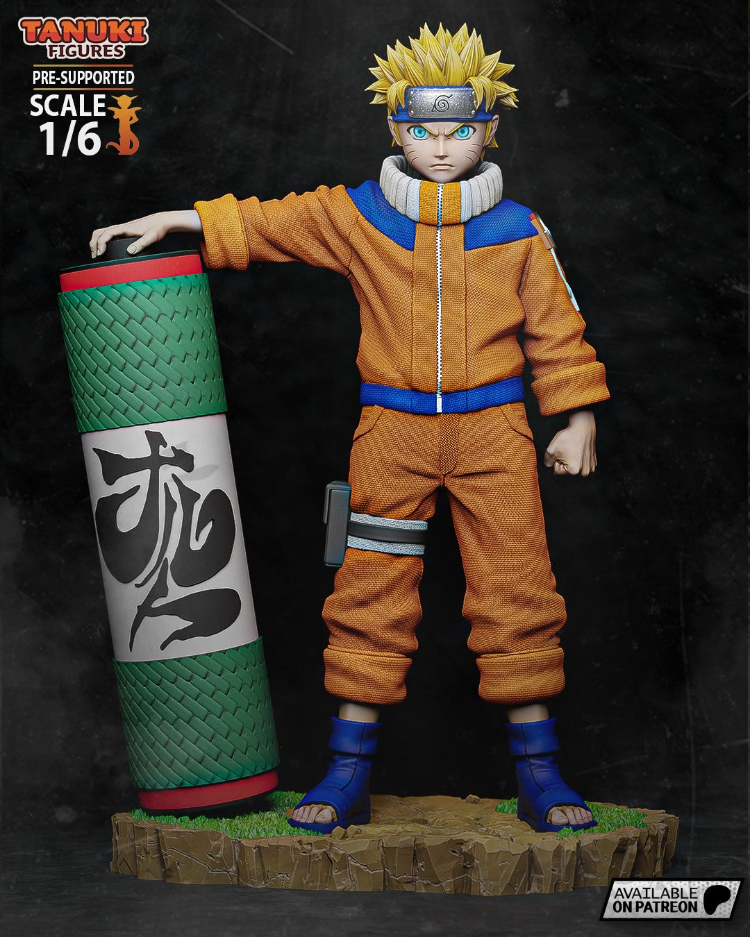 Naruto Uzumaki resin figure in 1/6 scale wearing orange and blue ninja outfit, posed with hand on green scrolled base, striking confident stance.