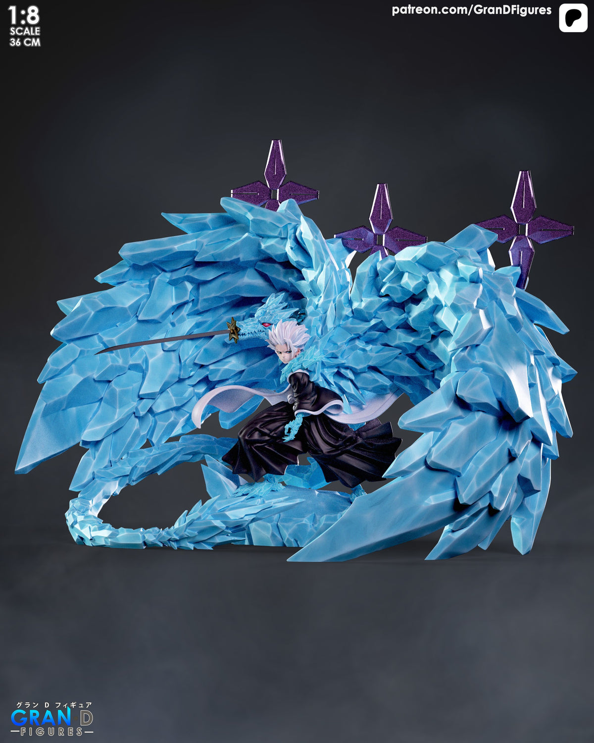 Toshiro Hitsugaya resin figure posed mid-action with ice wings spread wide, black robes flowing, holding sword, purple spirit orbs floating above on dark background.