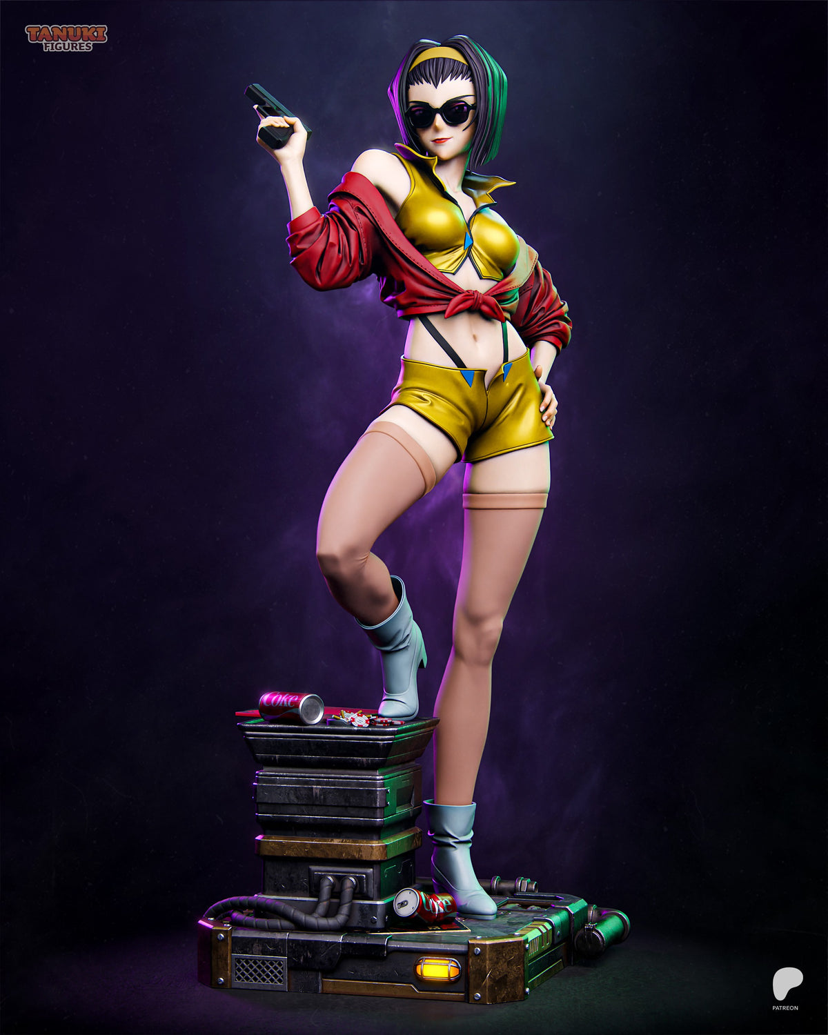 Faye Valentine resin figure from Cowboy Bebop in dynamic pose on illuminated base, holding gun, colorful painted details, standing on stacked platform.