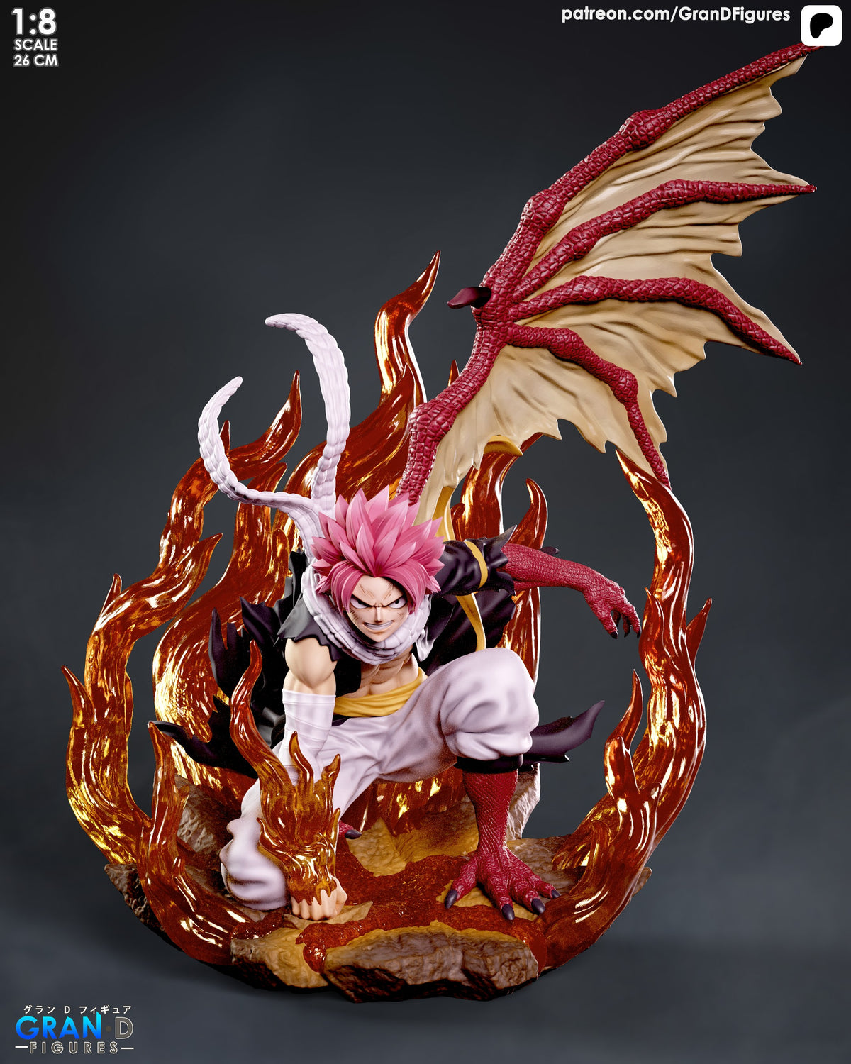 Front-view Natsu Dragneel from Fairy Tail crouches amid flames with a winged dragon, a painted resin figure on a sculpted ?
