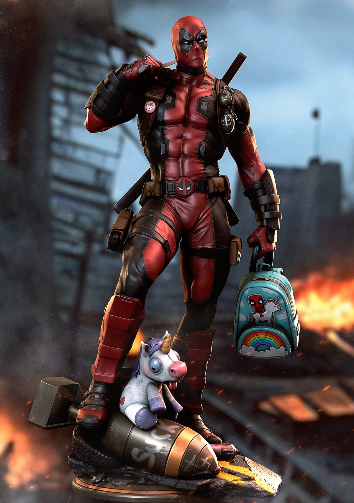 Deadpool resin figure in dynamic pose holding katana and backpack, with unicorn toy and missile base, painted in red and brown on urban backdrop.