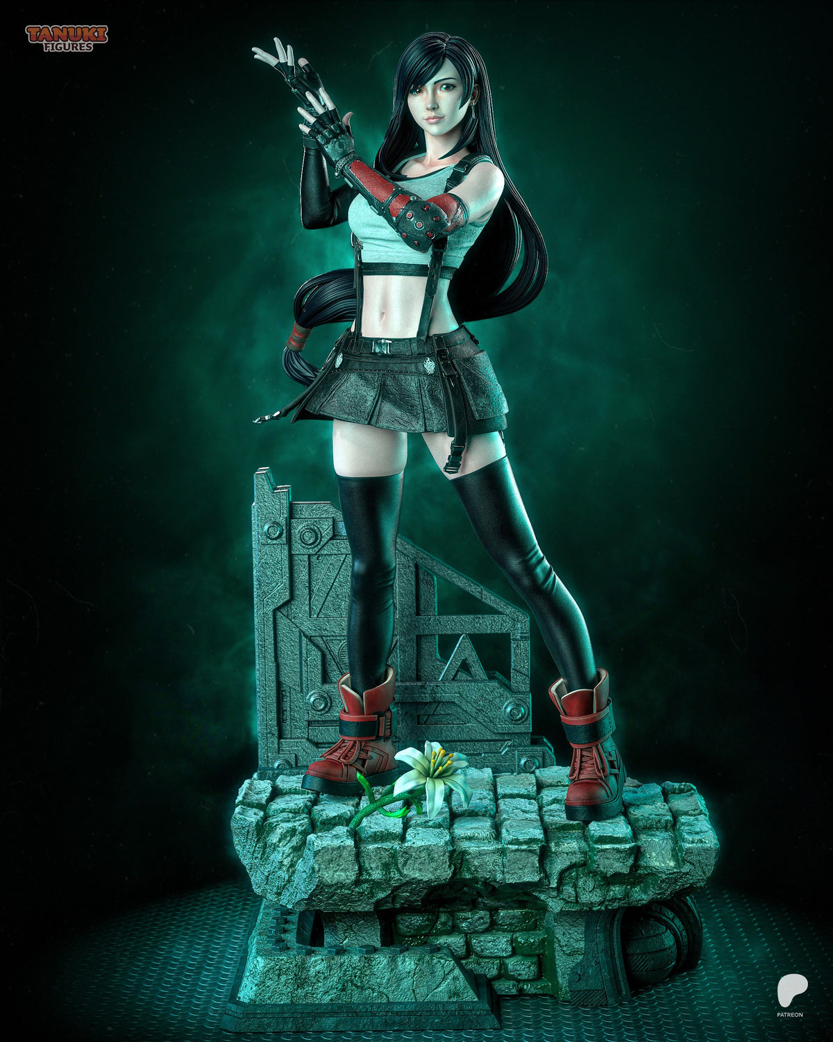 Tifa Lockhart resin figure posed on rocky base, wearing crop top and skirt with gauntlets, long black hair, teal-lit studio background.