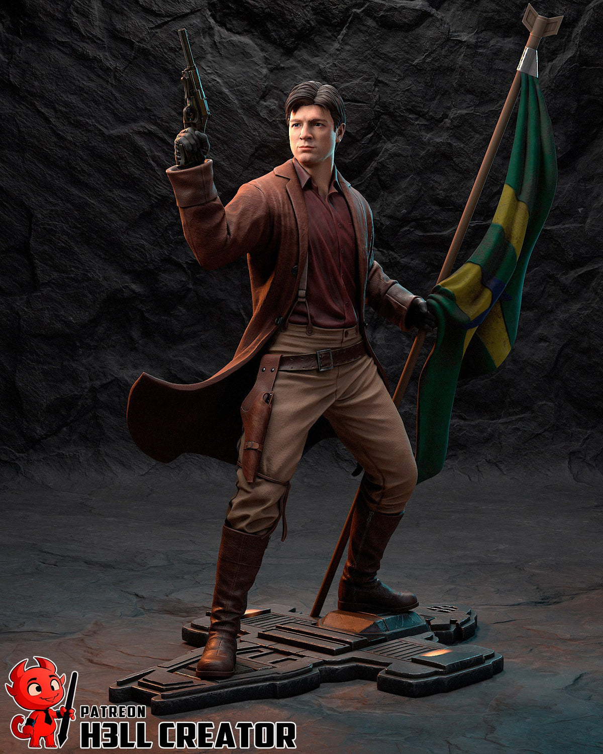 Painted resin figure of Captain Raines from Frontier Firecrew in three-quarter view, with pistol and flag on a sculpted base.