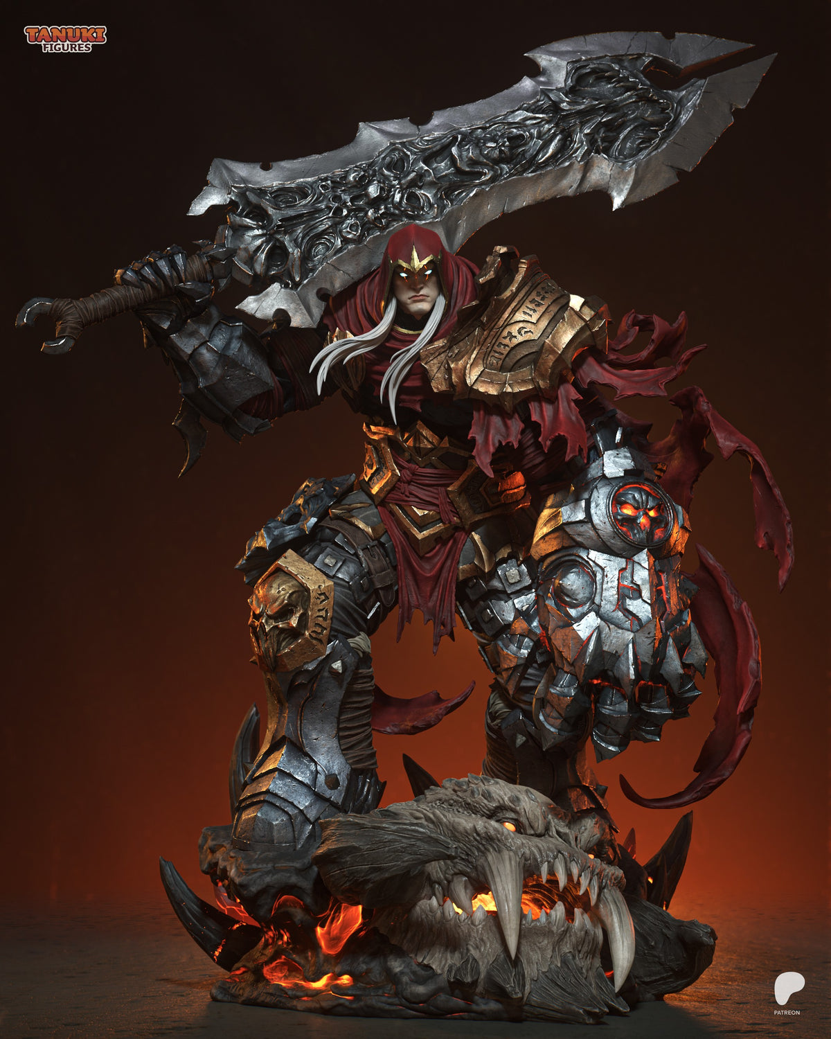 War from Darksiders resin figure in dynamic pose with ornate sword raised, detailed armor and red cloak, mounted on fiery creature base.