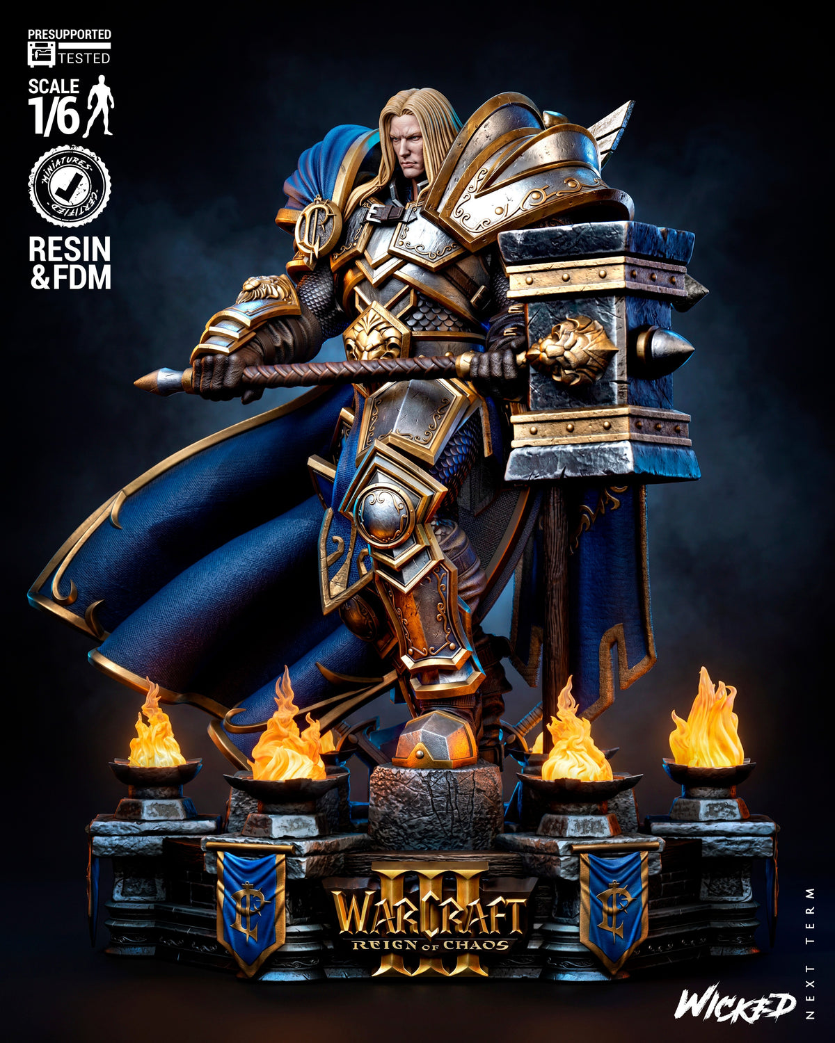 Arthas resin figure in 1/6 scale, front view, wielding ornate staff, blue cape flowing, gold armor detailed, standing on flame-lit base with Warcraft banners.