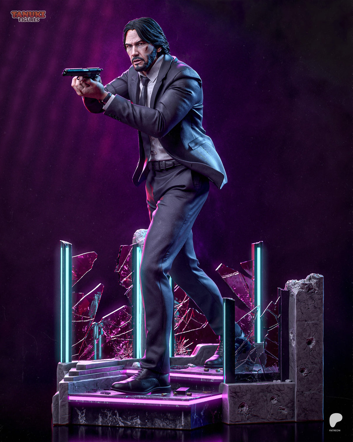 John Wick resin figure in tactical suit, aiming pistol on neon-lit concrete base with glowing purple and cyan accents, dynamic action pose.