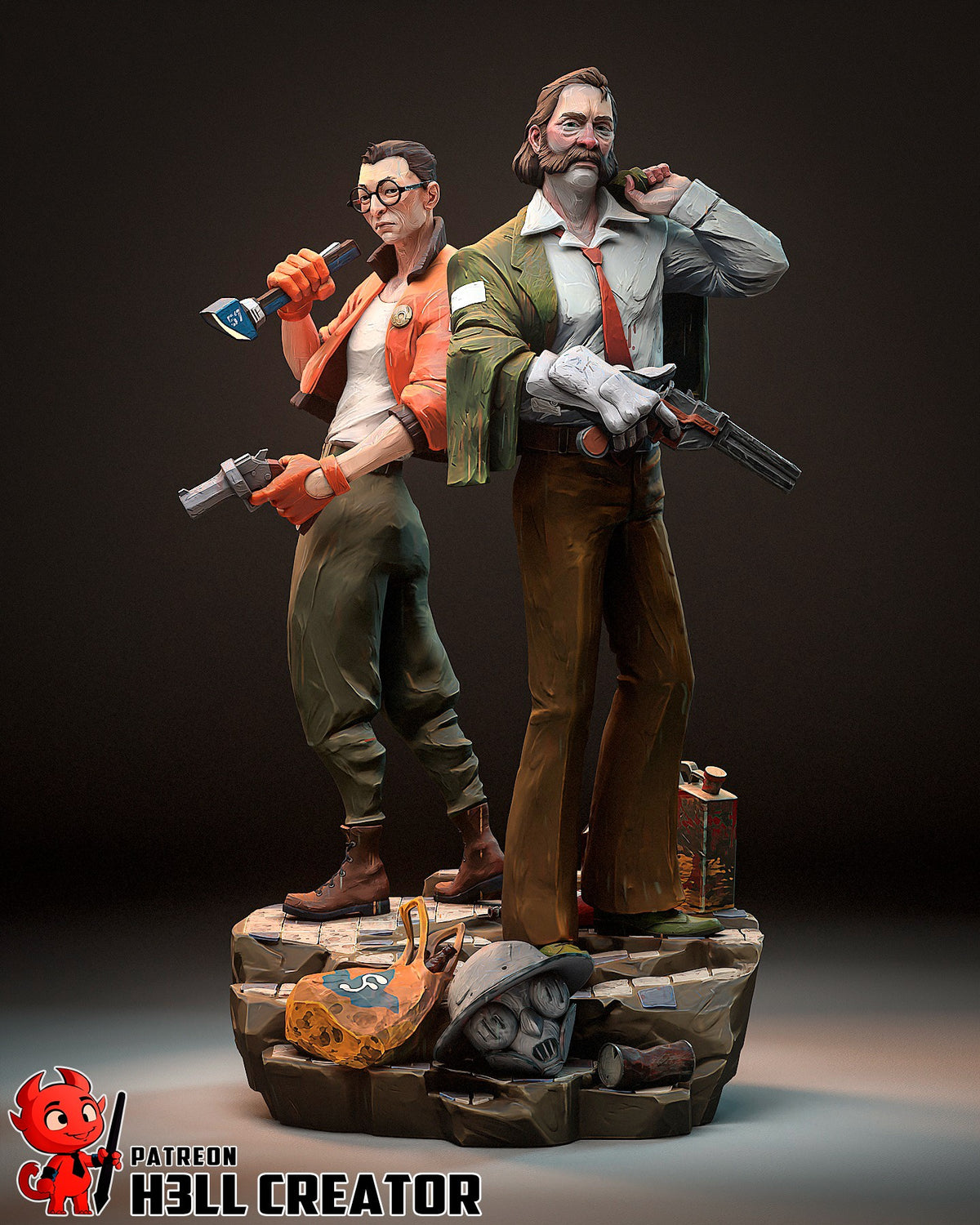 Painted resin figure of Harry and Kim from Disco Elysium stand armed on a sculpted base.