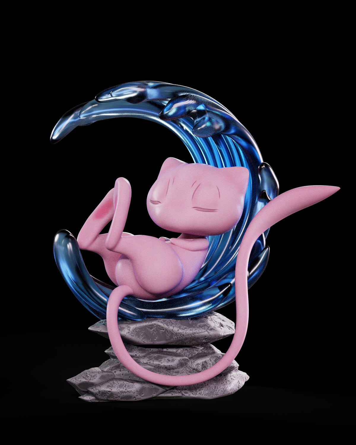 Front-facing painted Mew from Pokémon resin figure sits curled within blue waves on rocks.