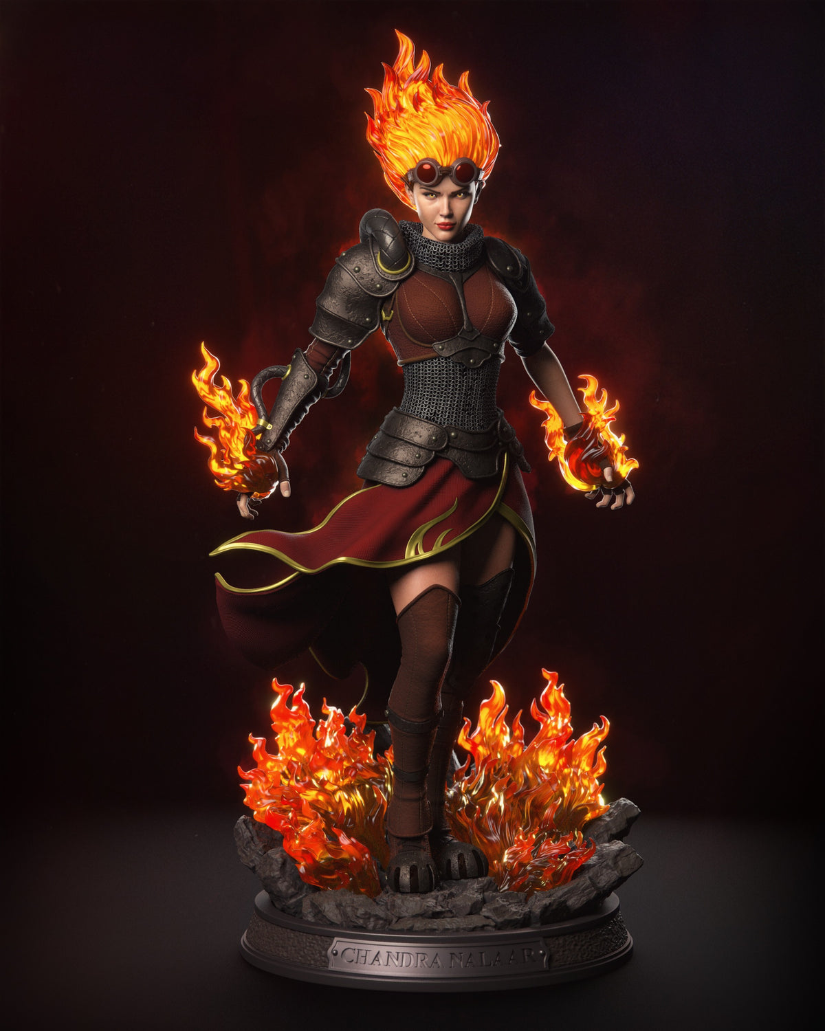 Chandra resin figure from Magic: The Gathering, posed dynamically with flaming hair and hands, wearing armored outfit with red cape, on charred stone base.