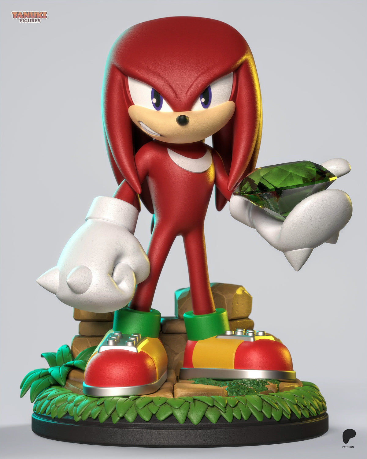 Knuckles resin figure in red and white standing on green grass base, holding the Master Emerald, detailed painted features and dynamic pose.