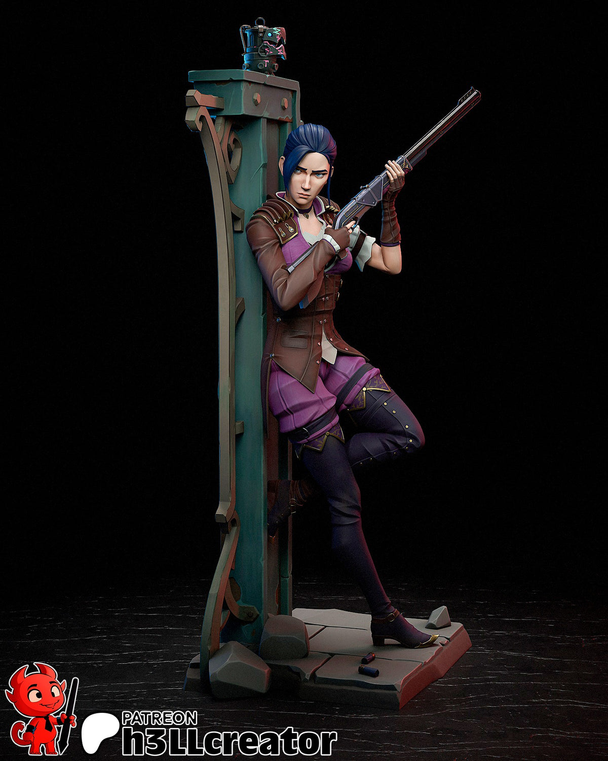 Painted resin figure of Caitlyn from Arcane leans against a tall prop, rifle raised on a sculpted base.