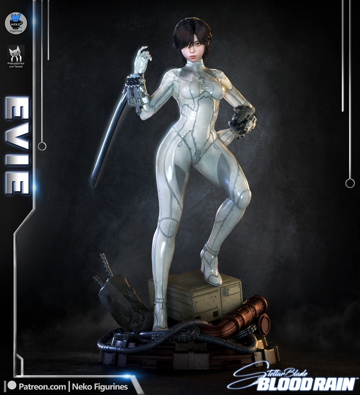 Evie from Stellar Blade is a painted resin figure in a front-facing pose with sword and sculpted base.
