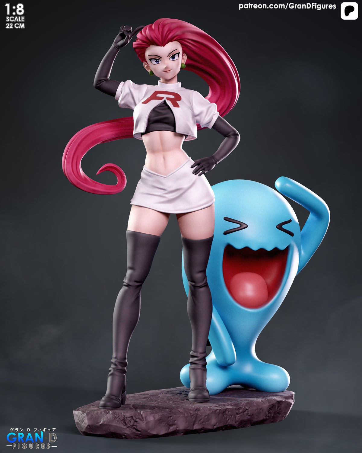 Front-view painted resin figure of Jessie from Pokémon poses beside Wobbuffet on a rocky base.