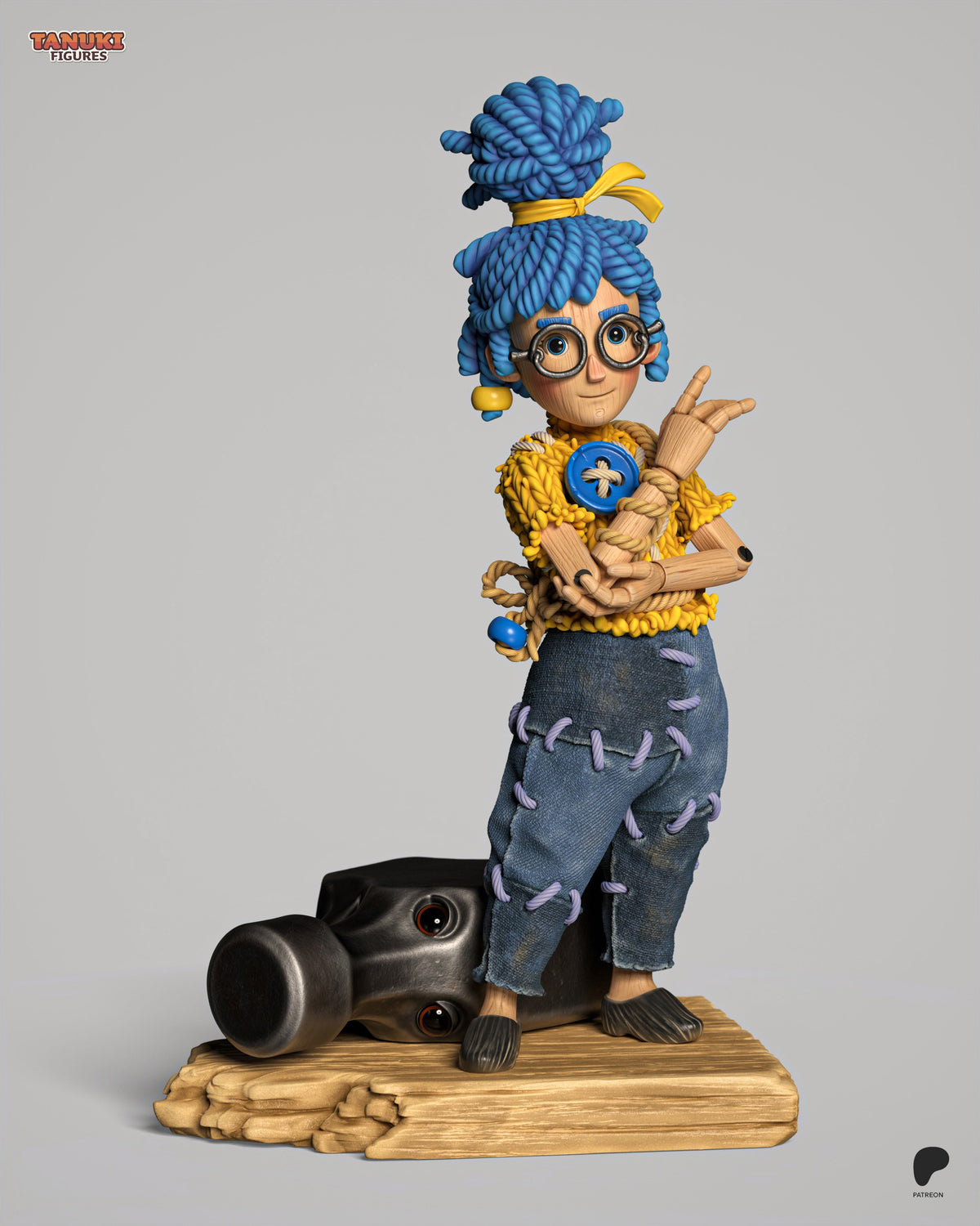 May from Two Are Needed resin figure standing on wooden base, blue rope hair with yellow bow, large glasses, yellow textured jacket, distressed denim pants, holding wooden staff.
