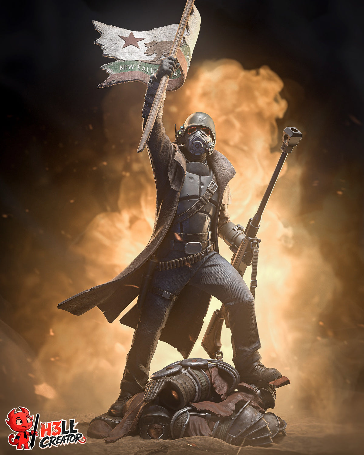 Painted NCR Ranger from Fallout resin figure stands wide-legged with flag and rifle over a sculpted fallen-soldier base.