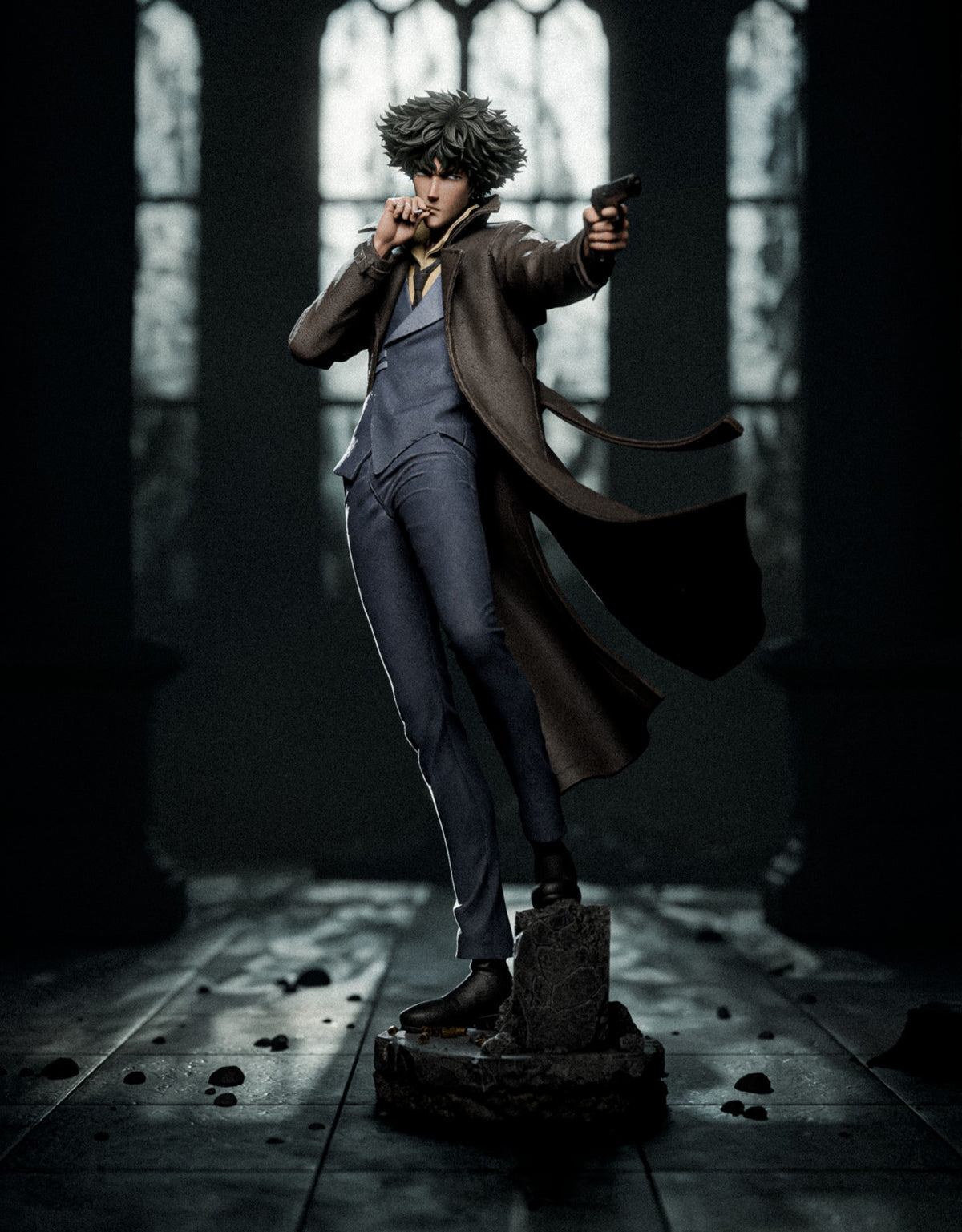 Spike Spiegel resin figure in dynamic action pose with wrist raised, brown coat flowing, against gothic window backdrop on detailed base.