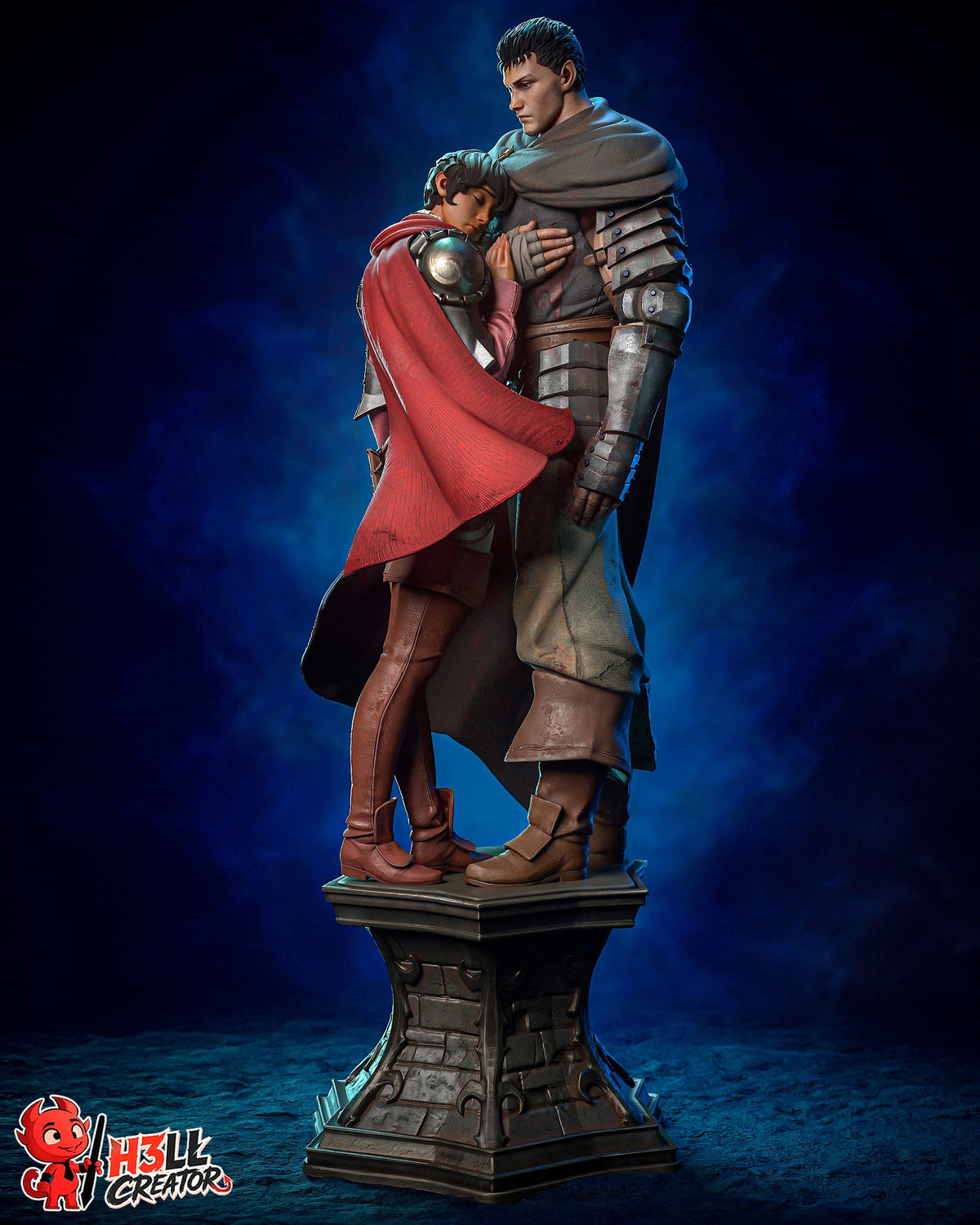Painted resin figure of Guts and Casca from Berserk standing together on a sculpted pedestal.