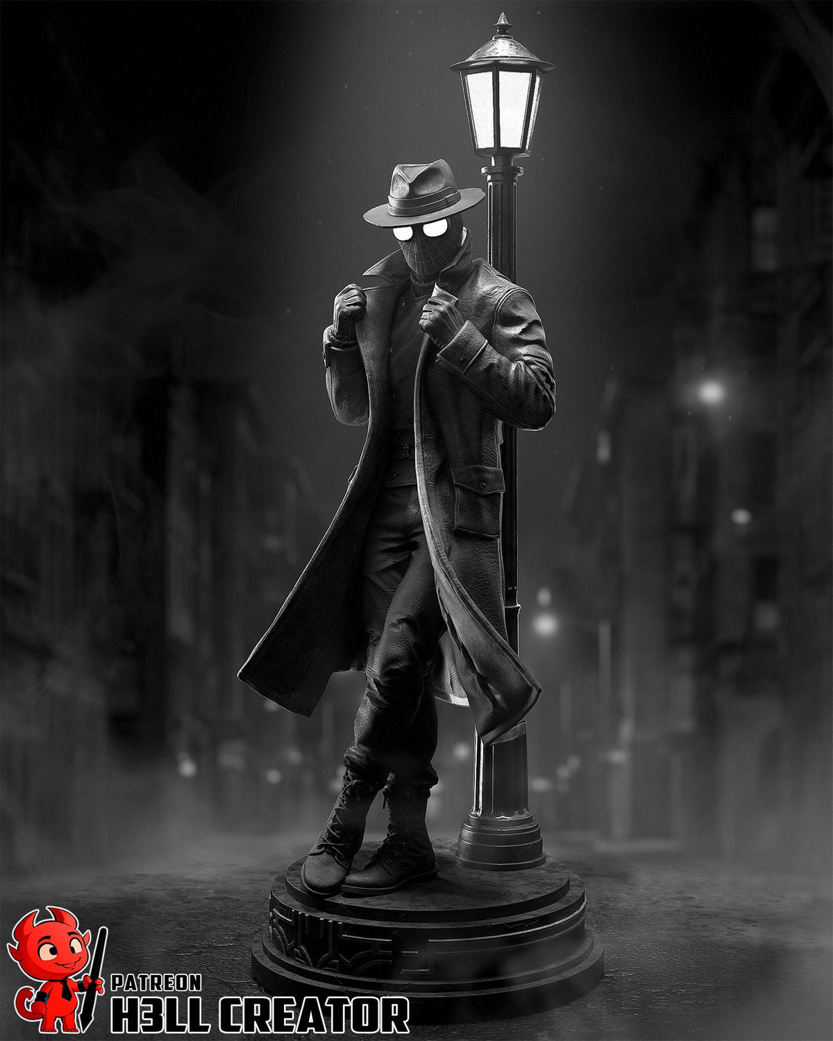 Masked Vigilante from Spiderman resin figure stands front-facing in a monochrome trench coat on a lamp-post base.