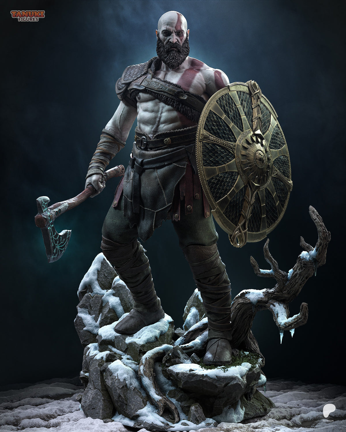 Kratos resin figure posed frontally on snowy rocky base, holding axe and shield, muscular torso with war paint, detailed painted armor and wrappings.