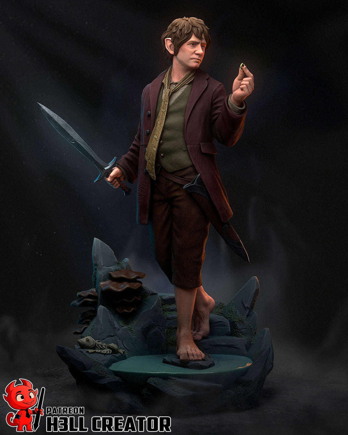 Painted resin figure of Bilbo Baggins from Lord of the Rings holds sword and ring on rocky base.