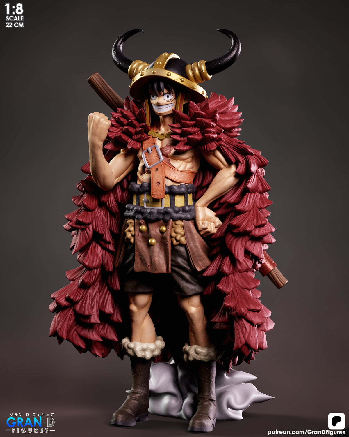 Painted resin figure of Luffy (Elbaf) from One Piece stands front-facing on a sculpted base.
