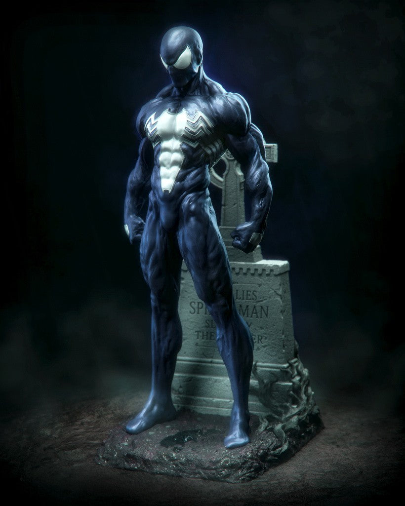 Venom resin figure standing upright on memorial stone base, full front view showcasing detailed black symbiote suit with white chest symbol and glowing blue lighting effect.