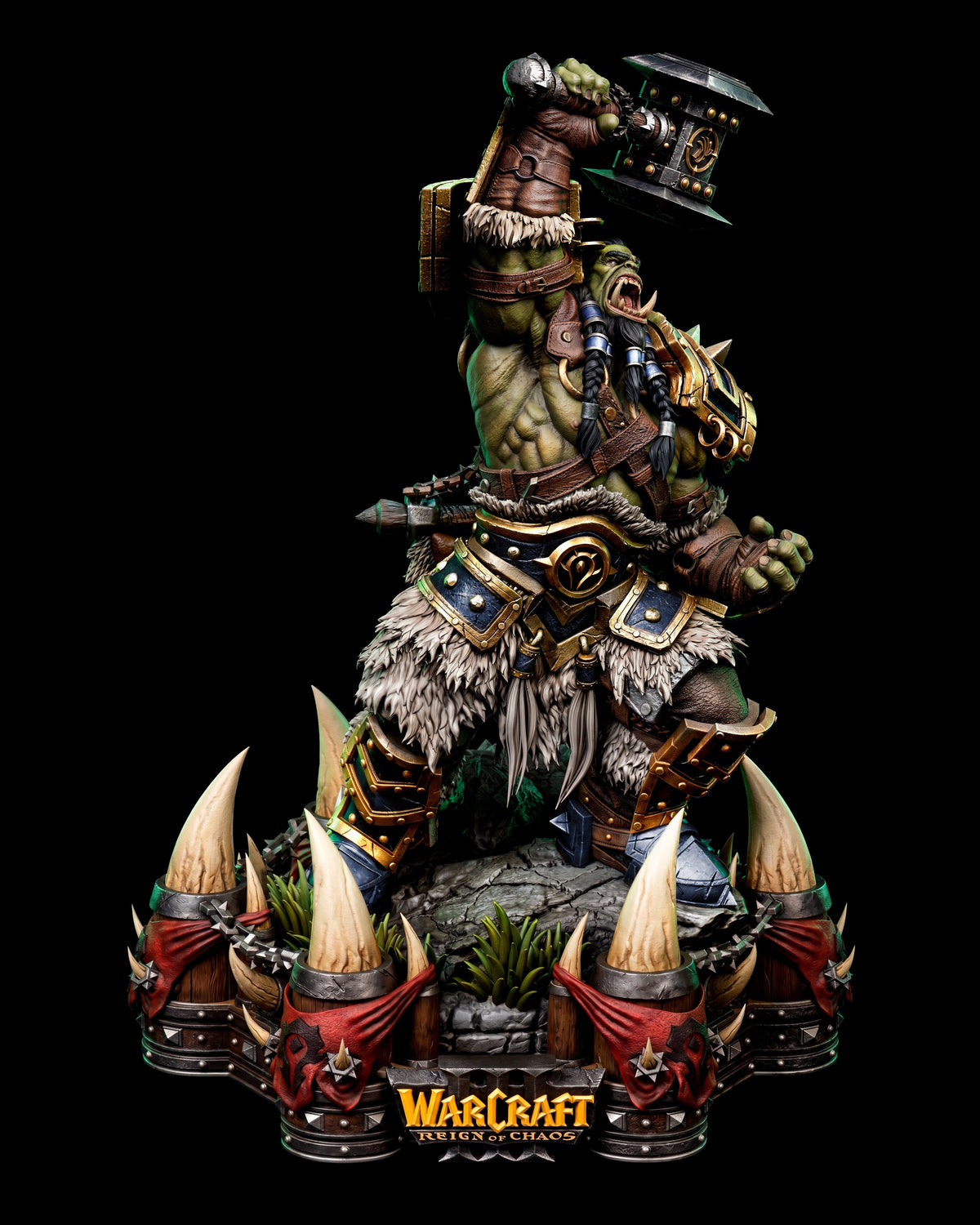 Thrall resin figure from World of Warcraft displayed front-center on ornate base, holding staff aloft, detailed painted armor and fur accents, black background.