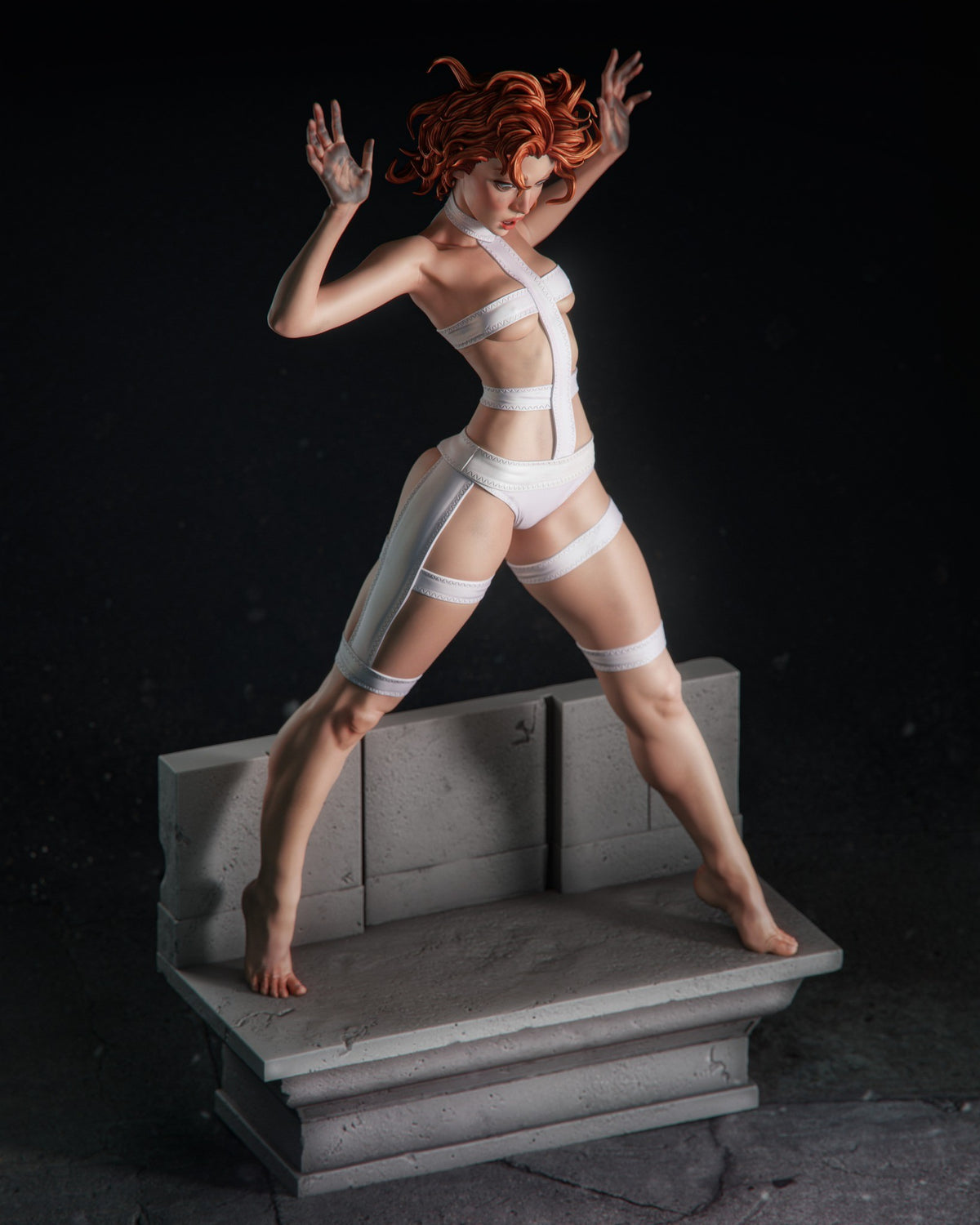 Painted resin figure of Leeloo from The Fifth Element poses wide-legged on a sculpted base.