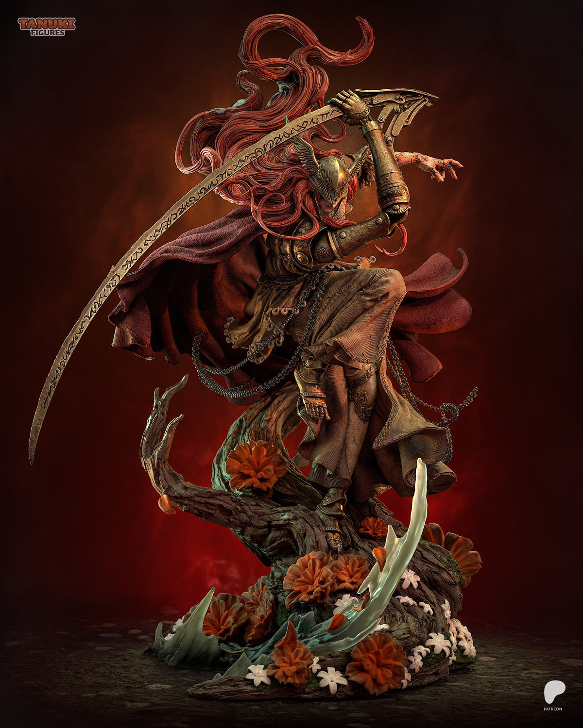 Malenia resin figure from Elden Ring shown in dynamic pose wielding ornate curved blade, flowing red hair, detailed painted armor and base with flowers, three-quarter view.