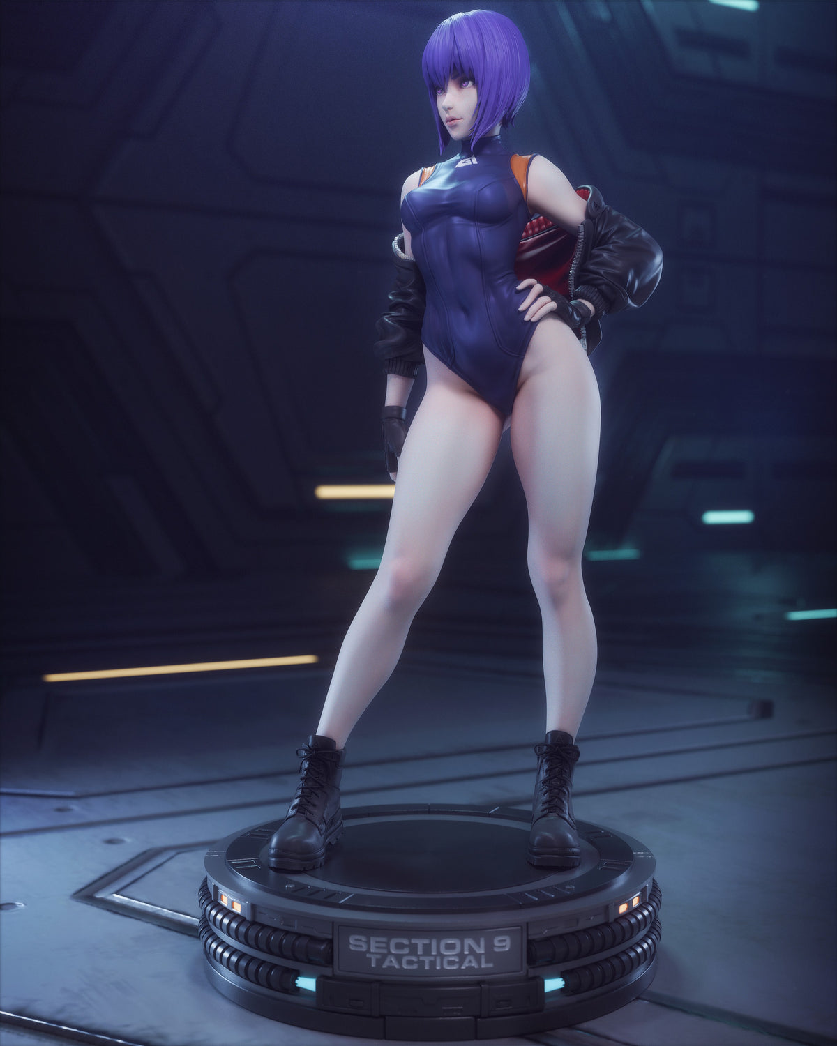 Three-quarter painted resin figure of Motoko Kusanagi from Ghost in the Shell stands on a sci-fi base.