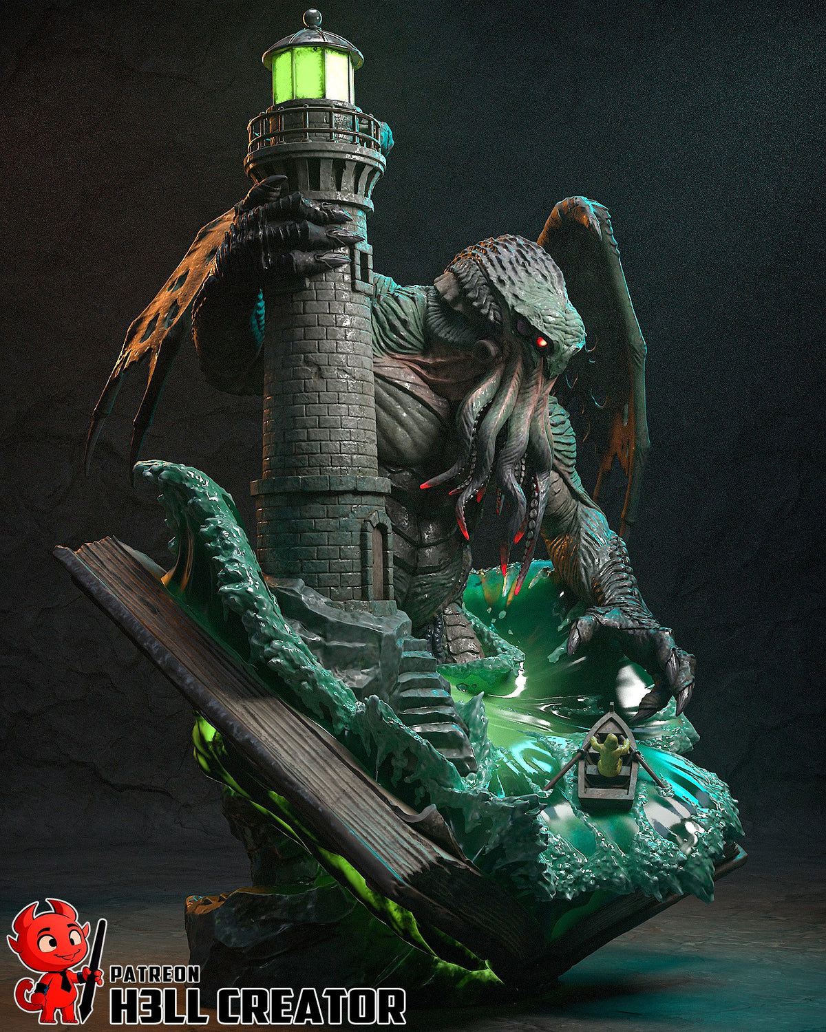 Painted resin figure of Cthulhu from The Call of Cthulhu stands beside a lighthouse on a sculpted base.