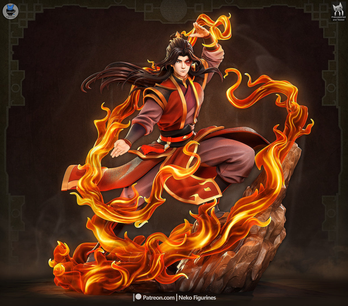 Zuko from Avatar: The Last Airbender is a painted resin figure amid flames on a rocky base.